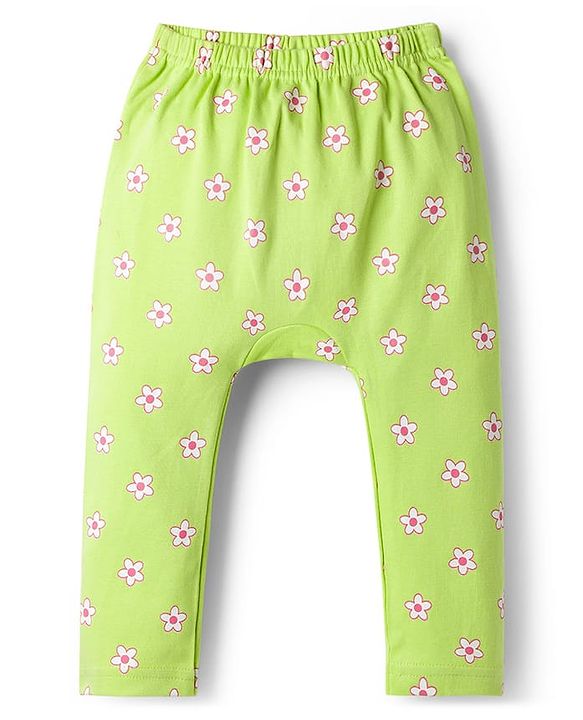 Babyhug Cotton Interlock Knit Full Length Diaper Leggings With Floral Print Pack Of 3 - Pink & Green
