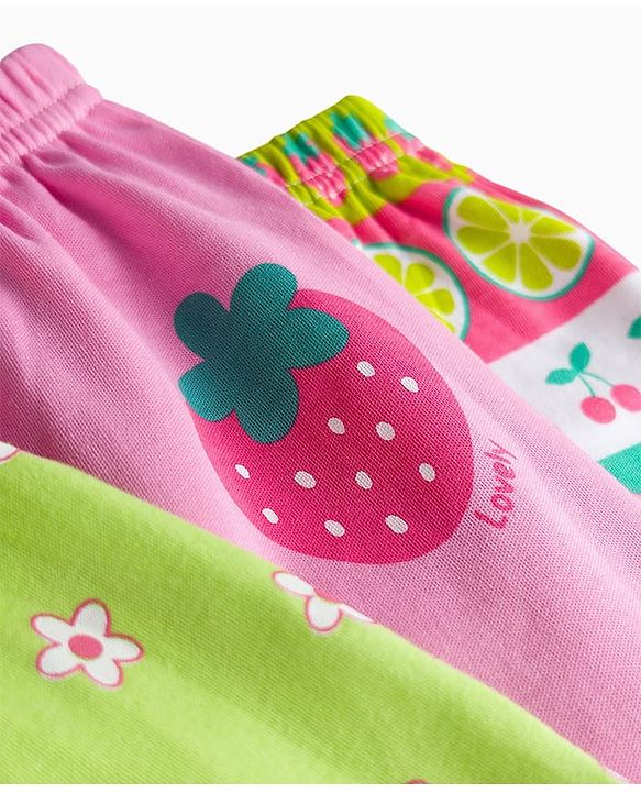 Babyhug Cotton Interlock Knit Full Length Diaper Leggings With Floral Print Pack Of 3 - Pink & Green