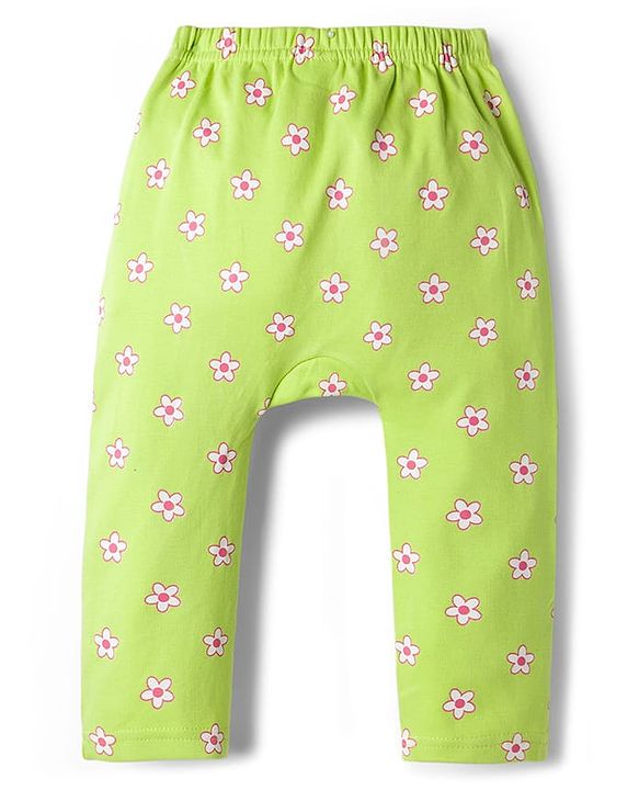 Babyhug Cotton Interlock Knit Full Length Diaper Leggings With Floral Print Pack Of 3 - Pink & Green