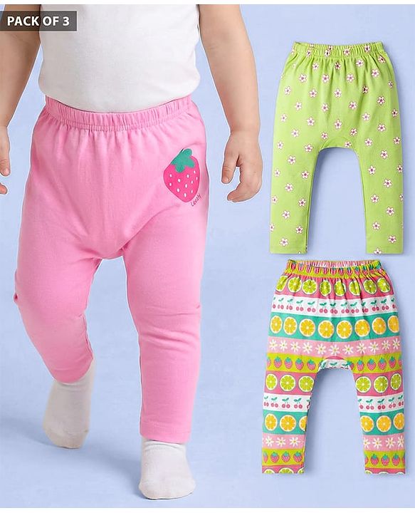 Babyhug Cotton Interlock Knit Full Length Diaper Leggings With Floral Print Pack Of 3 - Pink & Green