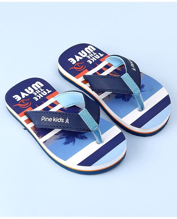 Pine Kids Slip On Beach Theme Printed & Striped Flip Flop - Blue