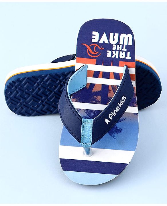 Pine Kids Slip On Beach Theme Printed & Striped Flip Flop - Blue
