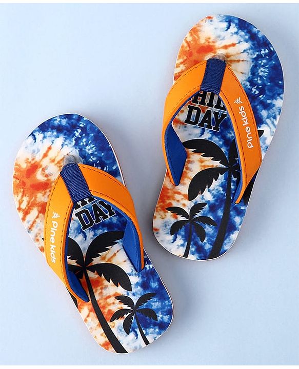 Pine Kids Slip On Flip Flops with Coconut Tree Print - Blue