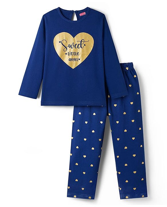 Babyhug Cotton Knit Full Sleeves T-Shirt & Pyjama Night Suit With Heart Print - Navy Blue