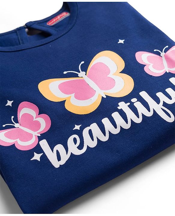 Babyhug Cotton Knit Full Sleeves T-Shirt & Pyjama Night Suit With Butterfly Print - Navy Blue