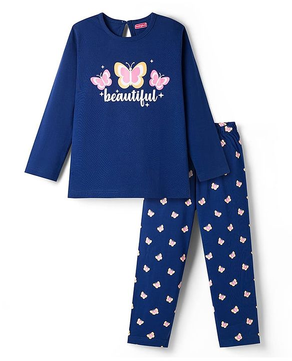Babyhug Cotton Knit Full Sleeves T-Shirt & Pyjama Night Suit With Butterfly Print - Navy Blue