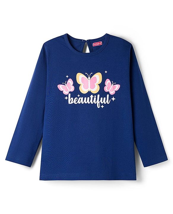 Babyhug Cotton Knit Full Sleeves T-Shirt & Pyjama Night Suit With Butterfly Print - Navy Blue