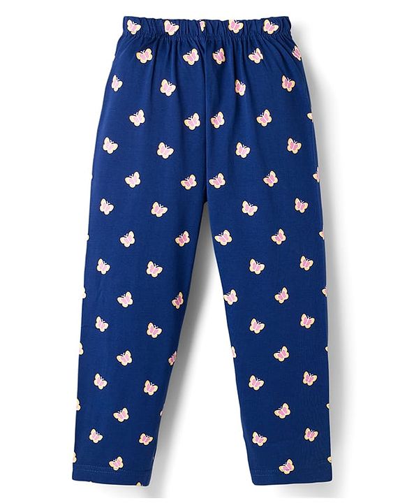 Babyhug Cotton Knit Full Sleeves T-Shirt & Pyjama Night Suit With Butterfly Print - Navy Blue