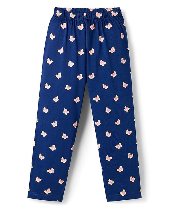 Babyhug Cotton Knit Full Sleeves T-Shirt & Pyjama Night Suit With Butterfly Print - Navy Blue