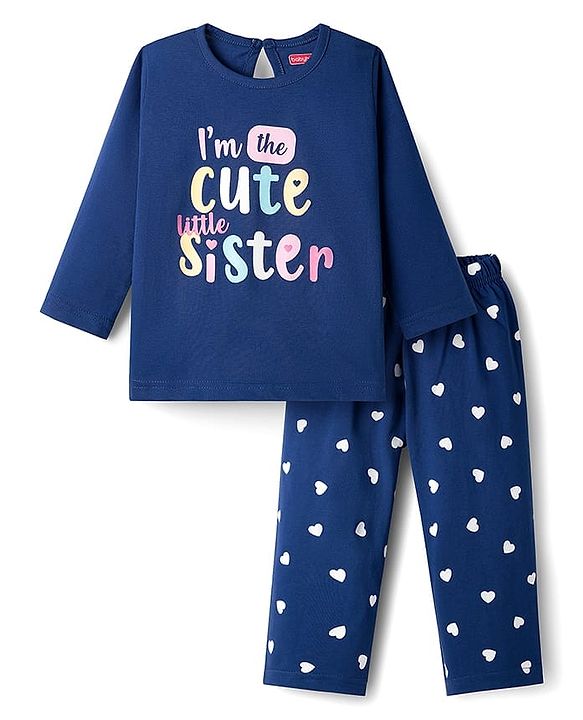 Babyhug Cotton Knit Full Sleeves T-Shirt & Pajama Night Suit With Heart Print - Navy Blue