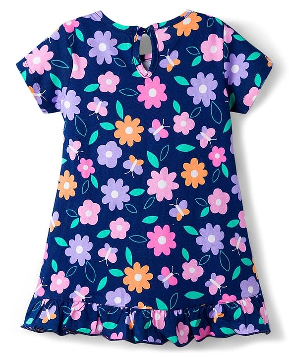 Babyhug Cotton Knit Half Sleeves Nighty With Floral Print - Navy Blue