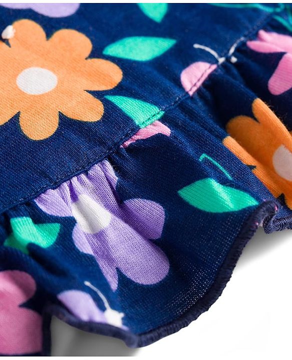 Babyhug Cotton Knit Half Sleeves Nighty With Floral Print - Navy Blue