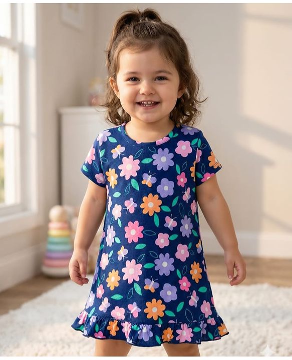 Babyhug Cotton Knit Half Sleeves Nighty With Floral Print - Navy Blue