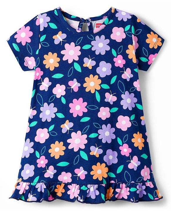 Babyhug Cotton Knit Half Sleeves Nighty With Floral Print - Navy Blue