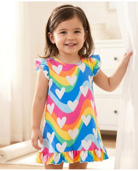 Babyhug Cotton Knit Frill Sleeves Nighty With Heart Print - Multicolor