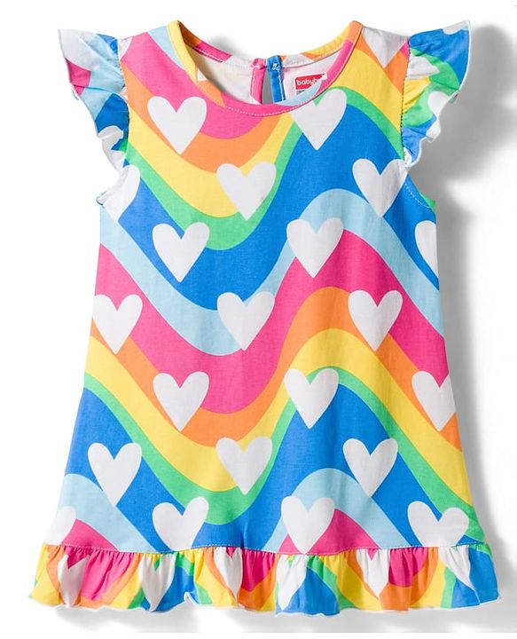 Babyhug Cotton Knit Frill Sleeves Nighty With Heart Print - Multicolor