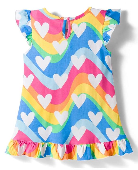 Babyhug Cotton Knit Frill Sleeves Nighty With Heart Print - Multicolor