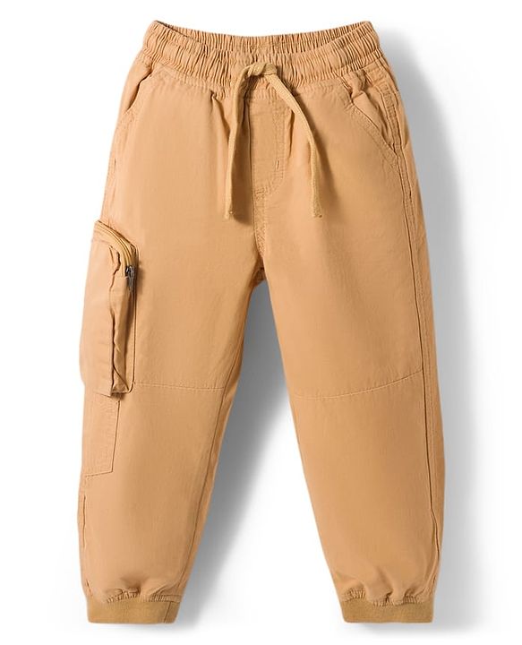 Babyhug Tussar Cotton Woven Full Length Solid Color Trouser - Khaki