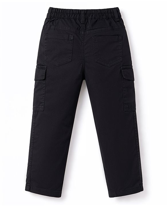 Babyhug Twill Lycra Woven Full Length Solid Color Trousers With Stretch & Pockets - Black