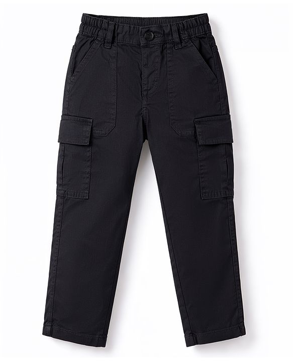 Babyhug Twill Lycra Woven Full Length Solid Color Trousers With Stretch & Pockets - Black