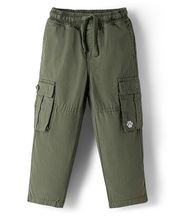 Babyhug 100% Cotton Woven Full Length Solid Trouser With Cargo Pockets - Olive Green