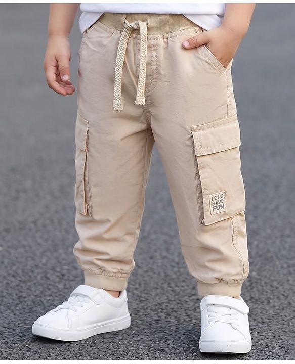 Babyhug Poplin Cotton Woven Full Length Solid Colour Trouser Pants with Patch & Cargo Pockets - Beige
