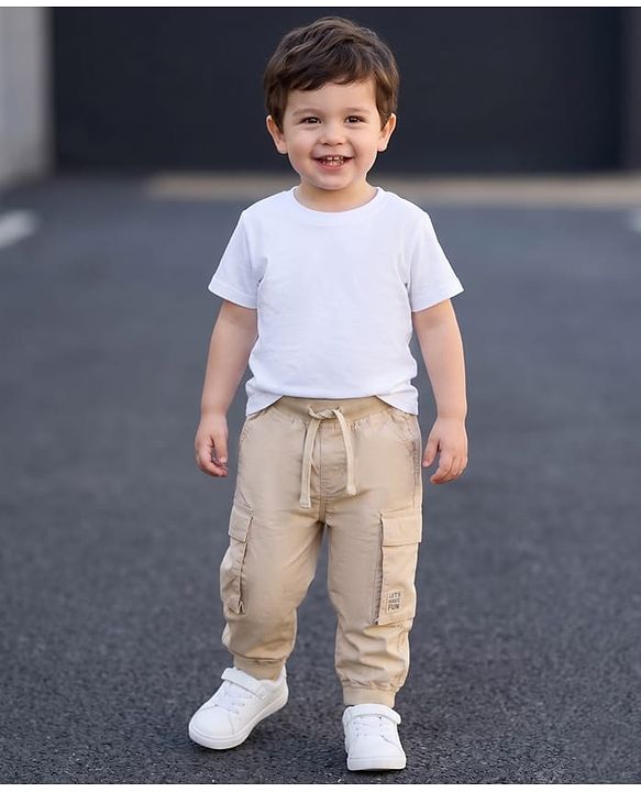 Babyhug Poplin Cotton Woven Full Length Solid Colour Trouser Pants with Patch & Cargo Pockets - Beige