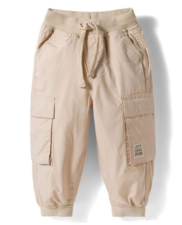 Babyhug Poplin Cotton Woven Full Length Solid Colour Trouser Pants with Patch & Cargo Pockets - Beige