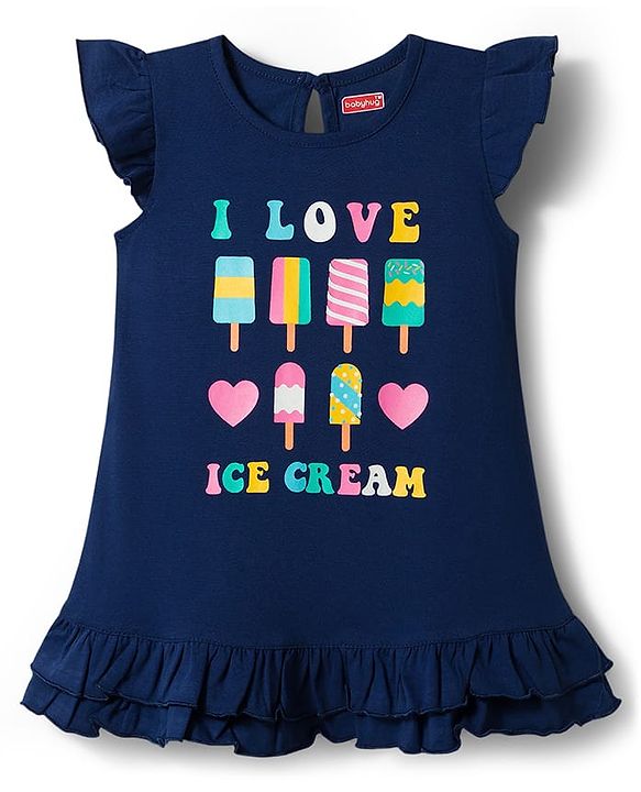 Babyhug Single Jersey Cotton Knit Frill Sleeves Ice Cream Printed Nighty - Navy Blue