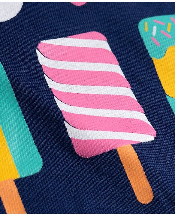 Babyhug Single Jersey Cotton Knit Frill Sleeves Ice Cream Printed Nighty - Navy Blue