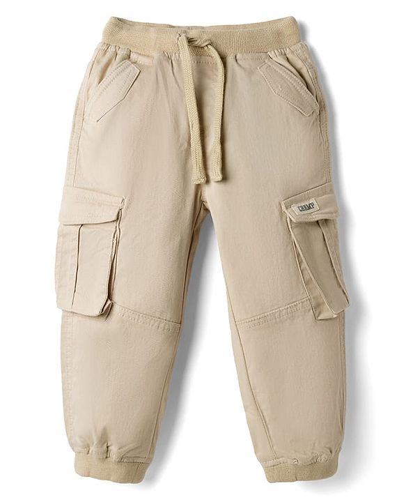 Babyhug Twill Lycra Woven Full Length Cut N Sew Trouser With Cargo Pockets - Khaki