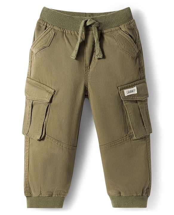 Babyhug Twill Lycra Woven Full Length Cut N Sew Trouser With Cargo Pockets - Khaki