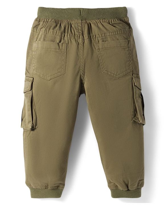 Babyhug Twill Lycra Woven Full Length Cut N Sew Trouser With Cargo Pockets - Khaki
