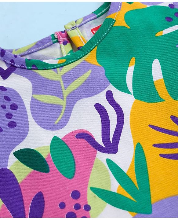 Babyhug Cotton Knit Frill Sleeves Nighty With Leaf Print - White