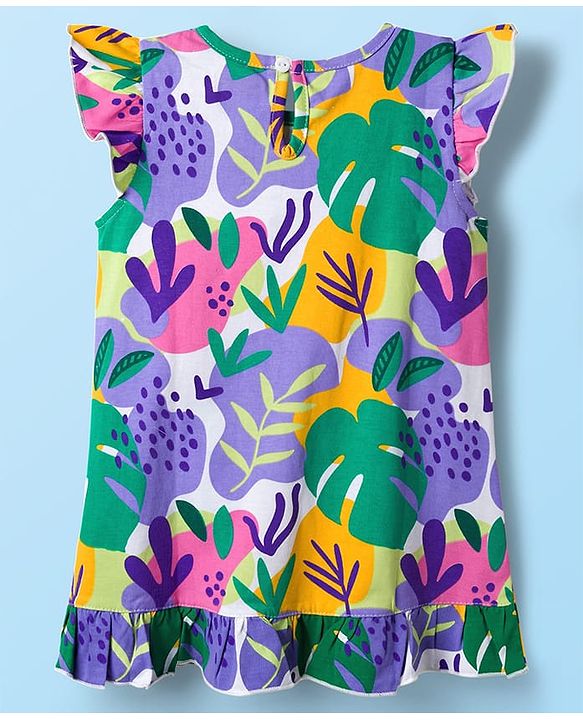 Babyhug Cotton Knit Frill Sleeves Nighty With Leaf Print - White