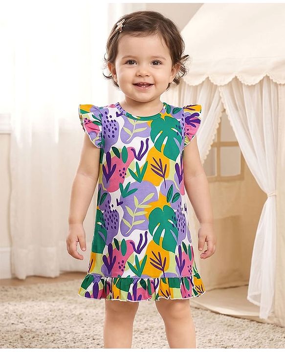 Babyhug Cotton Knit Frill Sleeves Nighty With Leaf Print - White