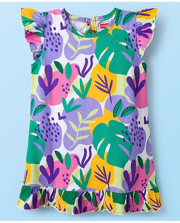 Babyhug Cotton Knit Frill Sleeves Nighty With Leaf Print - White