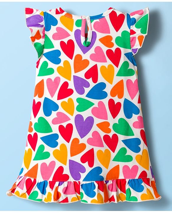 Babyhug Cotton Knit Frill Sleeves Nighty With Heart Print - Multicolour