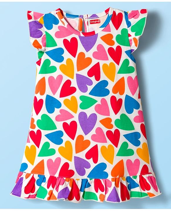 Babyhug Cotton Knit Frill Sleeves Nighty With Heart Print - Multicolour