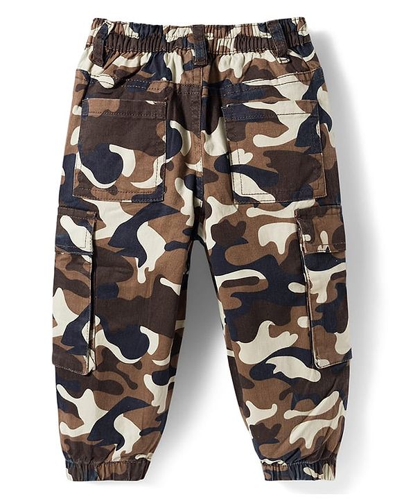 Babyhug Twill Lycra Woven Full Length Camouflage Printed Trouser with Cargo Pocket - Brown