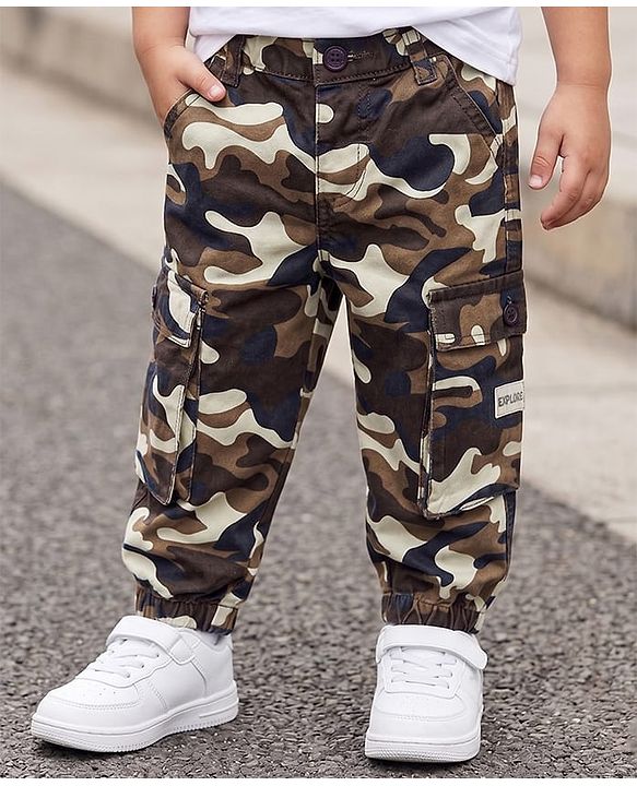 Babyhug Twill Lycra Woven Full Length Camouflage Printed Trouser with Cargo Pocket - Brown