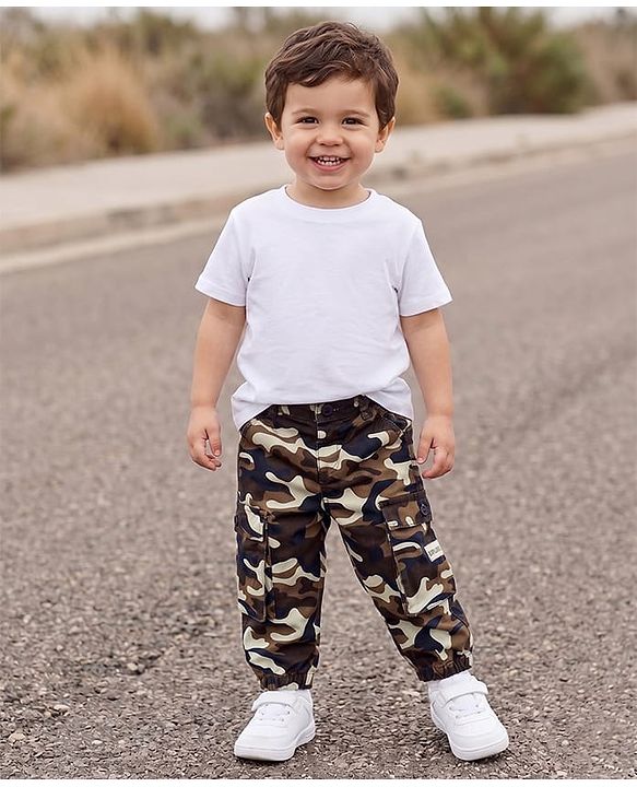 Babyhug Twill Lycra Woven Full Length Camouflage Printed Trouser with Cargo Pocket - Brown