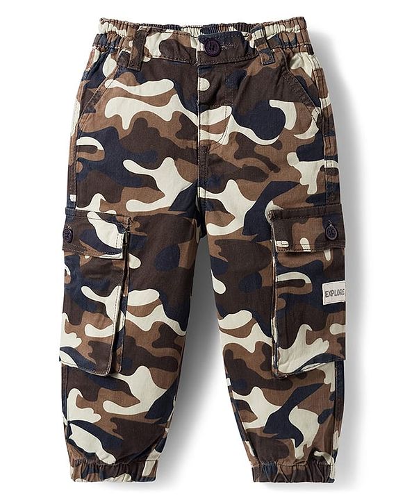Babyhug Twill Lycra Woven Full Length Camouflage Printed Trouser with Cargo Pocket - Brown