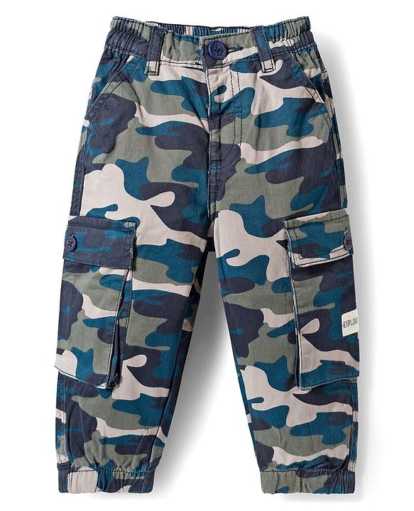 Babyhug Twill Lycra Woven Full Length Camouflage Printed Trouser with Cargo Pocket - Brown