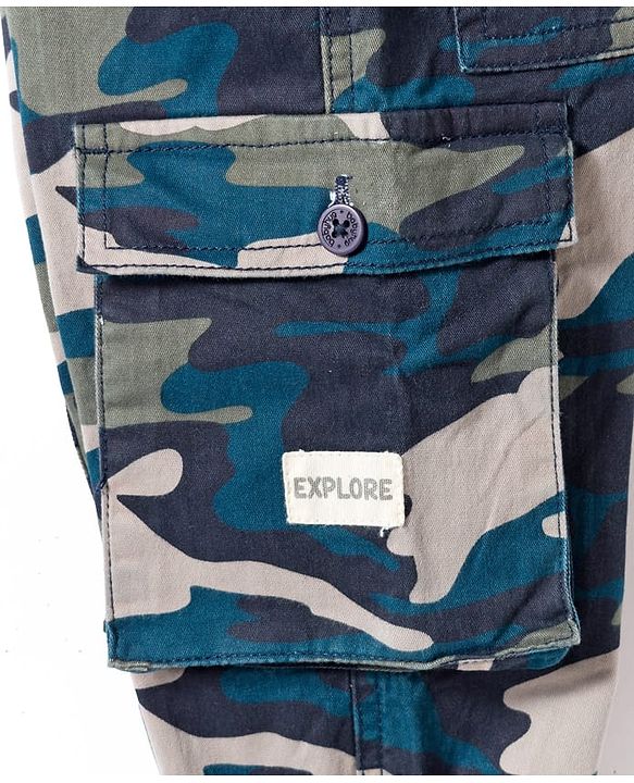 Babyhug Twill Lycra Woven Full Length Camouflage Printed Trouser with Cargo Pocket - Brown
