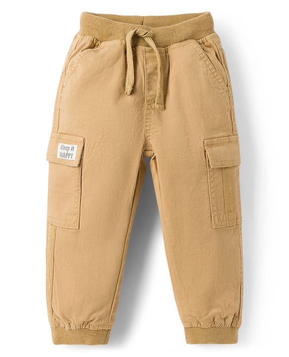 Babyhug Twill Lycra Woven Full Length Trousers With Stretch & Cargo Pockets - Khaki