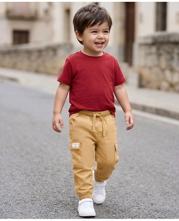Babyhug Twill Lycra Woven Full Length Trousers With Stretch & Cargo Pockets - Khaki