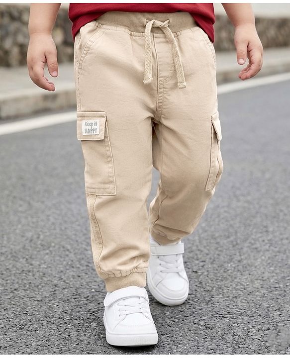Babyhug Twill Lycra Woven Full Length Trousers With Stretch & Cargo Pockets - Khaki