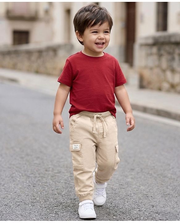 Babyhug Twill Lycra Woven Full Length Trousers With Stretch & Cargo Pockets - Khaki