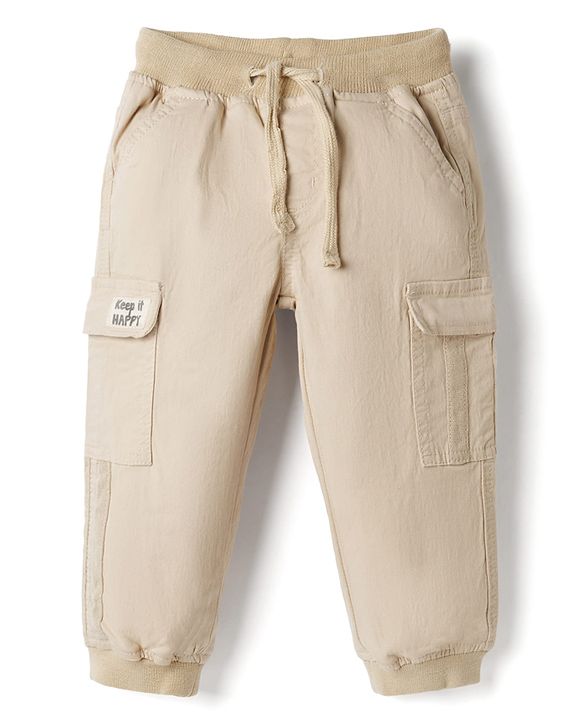 Babyhug Twill Lycra Woven Full Length Trousers With Stretch & Cargo Pockets - Khaki